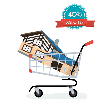 Vector concept real estate. House in supermarket trolley with price label in flat styleのイラスト素材
