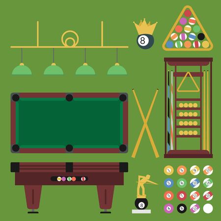 Vector Illustrations of Billiard set on green background. Table, equipment, prizes and awards in flat styleのイラスト素材