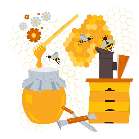 Vector beekeeping concept with products and equipment. Wooden hive, honey, bees on flowers, tools beekeeper, honeycomb n flat style isolated on white backgroundのイラスト素材