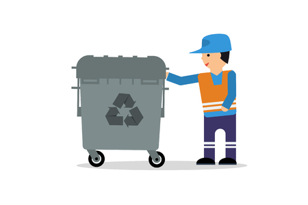 Vector flat illustration worker of cleaning service and garbage container isolated on whiteのイラスト素材