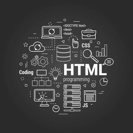 Vector Line Art Concept of html. Round banner for coding and web programming on a black chalkboardのイラスト素材