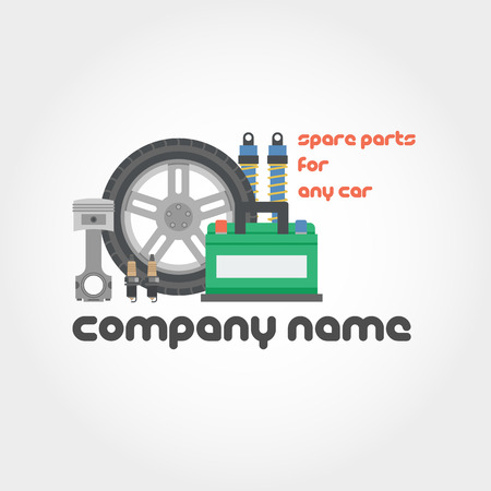 Vector isolated illustration of spare parts - car battery, wheel, automotive spark and shock absorbers with text for company name and slogan. Can be used for logoのイラスト素材