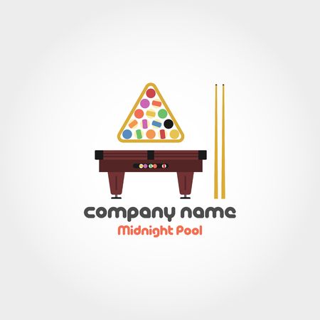 Vector isolated illustration of billiard table, set of balls and cues with text for company name and slogan. Can be used for logoのイラスト素材