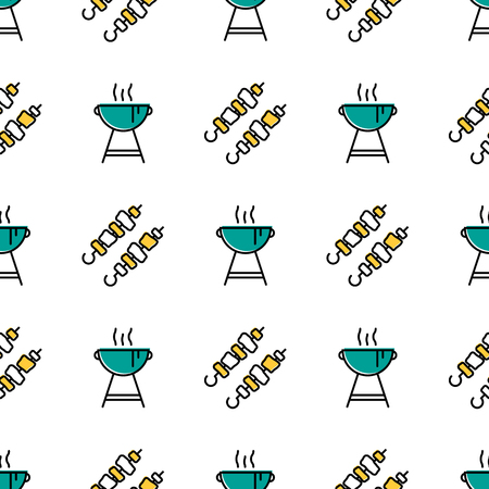 Vector seamless pattern with blue grill stand with smoke for barbecue and two pieces of shish kebab on white backgroundのイラスト素材