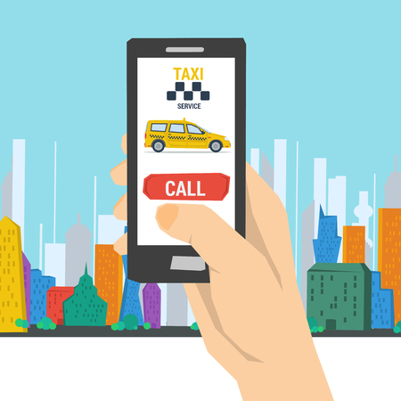 A Vector illustration of mobile taxi order. Hand with smart phone making call to transportation service on colored city background in flat style.のイラスト素材