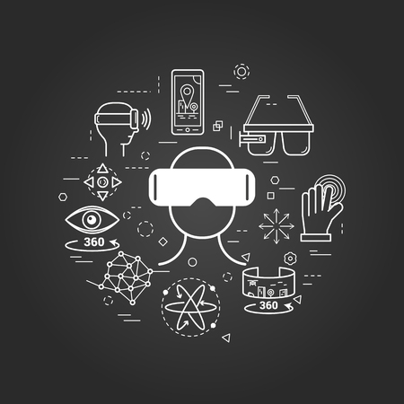 A Vector concept of VR Diving. Innovations technology in thin line style. Mask for virtual reality and other online entertainment icons. Modern round web banner on a black chalkboardのイラスト素材