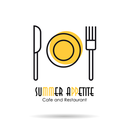A Vector linear logo illustration of plate, fork and knife. Concept of cafe, dining room or restaurant. Summer appetite two colored slogan isolated on white background.のイラスト素材