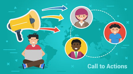Vector horizontal banner. Concept call to action. Woman and men in world and boy with computer and megaphoneのイラスト素材