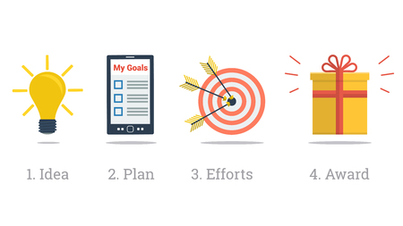 Idea lamp, write down your plan, make efforts by arrows to target and award as present box.のイラスト素材