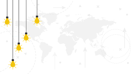 Vector horizontal background with world map and yellow lamp bulbs on cable. Empty place for text or your imageのイラスト素材