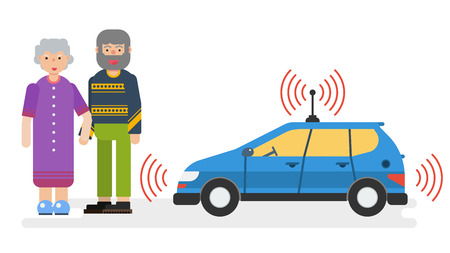 Vector horizontal illustration of car with satellite control for the elderly couple. Autonomous driverless taxi in flat style. Future innovationsのイラスト素材