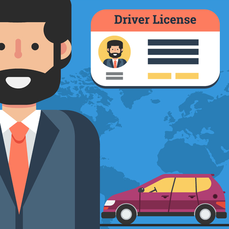 Vector square flat banner of businessman with car and driver license. Concept of successful training in drivers schoolのイラスト素材