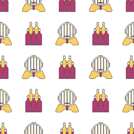 Seamless pattern with barrel and bottles of wine, processing of grapes on white backgroundのイラスト素材