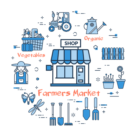 Linear blue round concept of Market with Organic products.のイラスト素材