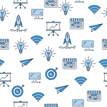 Pattern with blue Business icons on white background. Computer, plane, calendar, start up rocket and notice board symbolsのイラスト素材