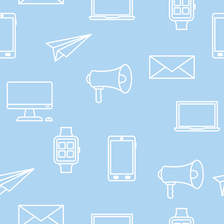 Pattern with Technology Office symbols . Smart phone, computer monitor, smartwatch and laptop outline white icons on light blue backgroundのイラスト素材
