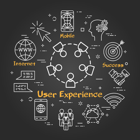 Vector linear round concept of User Experience icon. Thin line icons of Internet technologies, computer networks, secure connection. Modern web banner on on black chalk boardのイラスト素材
