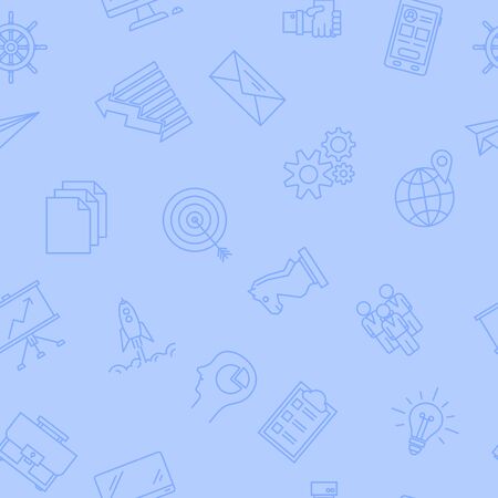 Vector Seamless Pattern with Business linear icons. Target, documents, rocket, strategy and mail on blue backgroundのイラスト素材