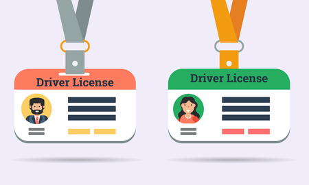 Vector illustration of two driver licenses. Certificate with man and other for woman on photo and color ribbon isolated on grey in flat styleのイラスト素材