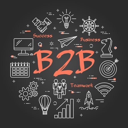 Vector linear business to business concept and outline icons on black chalcboard. Round web banner. Concept of successful startup, cooperation and teamworkのイラスト素材