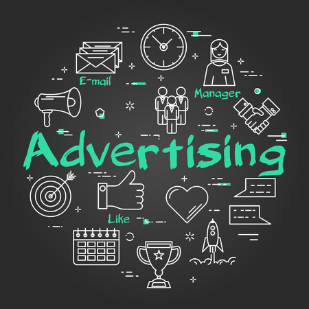 Vector linear round concept of Advertising. Thin line icons of like finger, target, megaphone, clock and manager woman. Modern web banner on black chalkboardのイラスト素材