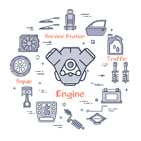 Vector linear round modern concept of auto part with outline engine icon in center on white background. Various components and parts of car vehicle at this web bannerのイラスト素材