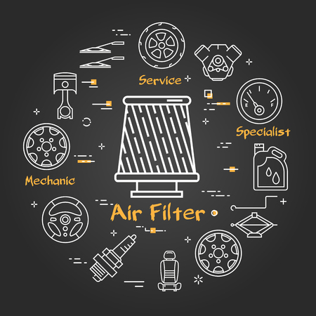 Vector linear round modern concept of auto part. White outline air filter icon in center and black chalk board background. The different car parts and components are arranged in a circle of bannerのイラスト素材
