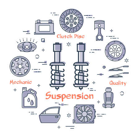 Vector linear round modern concept of auto part with outline suspension icon in center on white background. Various components and parts of car vehicle at this web bannerのイラスト素材