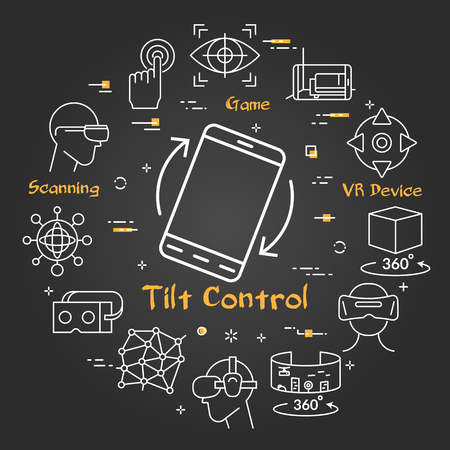 Vector linear concept of virtual reality technology. White outline smart phone with tilt control and black chalk board. The different VR devices and equipment icons as helmet, mask for internet divingのイラスト素材