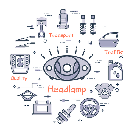 Vector linear round modern concept of auto part with outline head lamp icon in center on white background. Various components and parts of car vehicle at this web bannerのイラスト素材