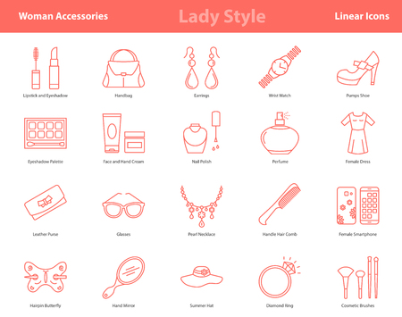 Vector set of 20 linear outline icons of woman accessories - lady style items. Pictographs of cosmetics, jewelry, hygiene items, clothing, shoes and other womens necessitiesのイラスト素材