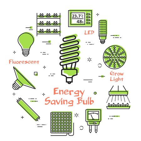 Vector green line concept of hydroponic and growth phyto led light - energy saving bulb icon. Various equipment for illumination and cultivation of crops and plants. Modern innovative technologiesのイラスト素材