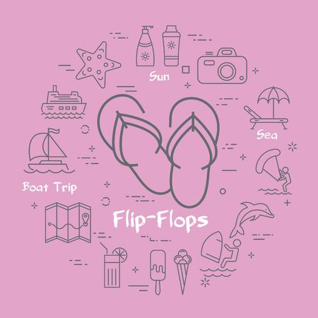 Vector round set of line icons on pink background showing concept of summer activities and traveling. Icon of couple flip-flops in centerのイラスト素材