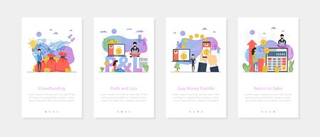 Vector vertical web site mobile banners for crowdfunding, profit and loss, money transfer, return on sales concept. Set of onboarding app screens, slide template with flat ilustrations on whiteのイラスト素材