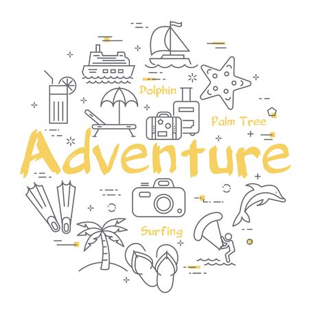Colorful icons in summer adventure line bannerのイラスト素材