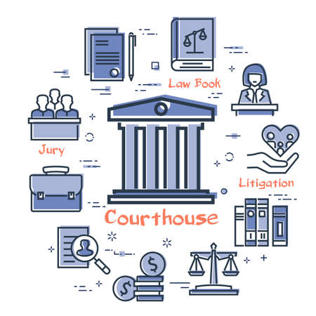 Vector line banner of legal proceedings - courthouse iconのイラスト素材