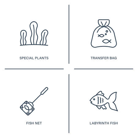 Vector aquarium icons set. Line art fish care illustrations. Pet shop concept designのイラスト素材