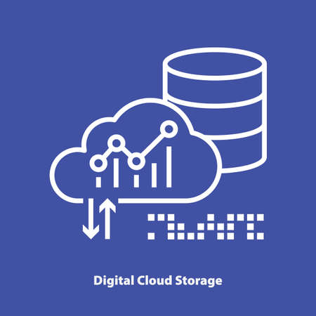 Digital cloud storage vector linear icon. White cloud pictogram on blue backgroundのイラスト素材