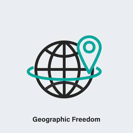 Isolated linear pictogram of globe with pin. Geographic freedom outline vector icon on light grey backgroundのイラスト素材