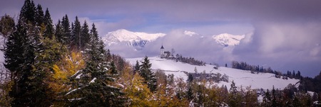 Lonely Mountain. Slovenia beautiful scenic mountain landscape with forest in the foreground. Superb Hiking destinationの写真素材