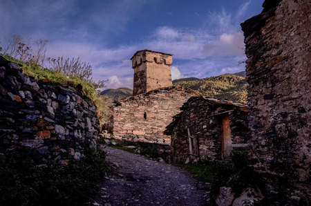 old village on caucasus mountain. Svaneti, Georgiaの写真素材