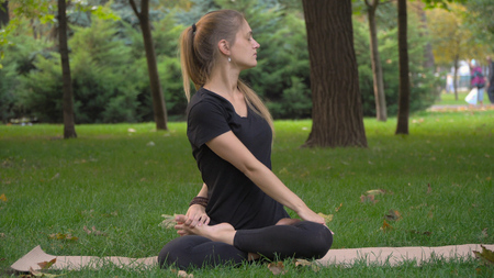 Young girl practicing yoga in the park on the green grass. Early autumn. In the grass are yellow leaves. The girl is young and healthy.の写真素材