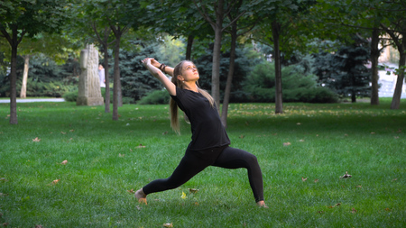 Young girl practicing yoga in the park on the green grass. Early autumn. In the grass are yellow leaves. The girl is young and healthy.の写真素材