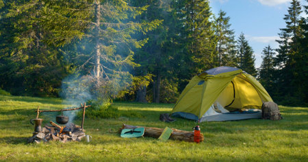 Tent and bonfire on the forest lawn in the mountains. Travel conceptの写真素材