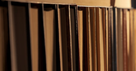 Book shelfs in library. Close up Many books organized in shelves in a big bookstoreの写真素材