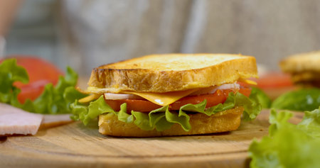 Sandwich with ham, salad, pieces of ripe tomatoes and pieces of cheese. Fast food concept.の写真素材