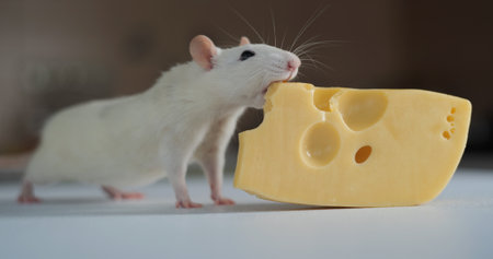 Close-up of domestic white rat eating cheeseの写真素材