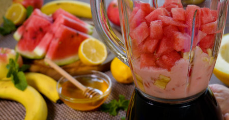 Making a Healthy Raw Vegan watermelon banana Smoothie, cocktail. Healthy organic food.の写真素材