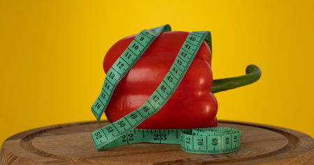 The Red pepper and the measurement tape are spinning. Sports nutrition, fitness and diet concept.の写真素材