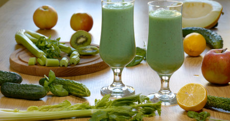 Organic freshly squeezed green vegetable and fruit smoothie in a glass. The concept of healthy and vegetarian food.の写真素材